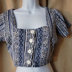 Beautiful Blue Peasant Button Crop Top by Energie Bi Currants Jeri-Jo